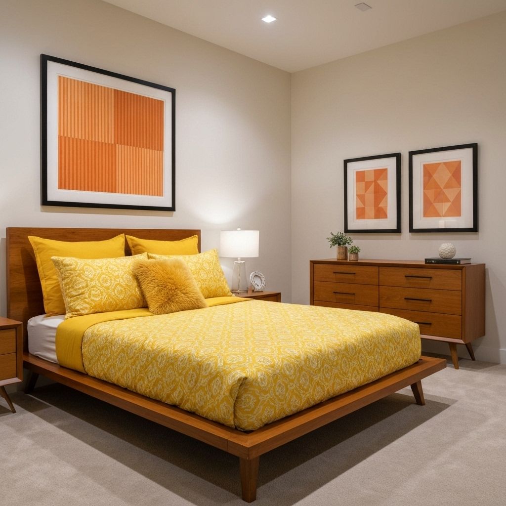 Stylish bedroom with warm wood furniture and yellow accents